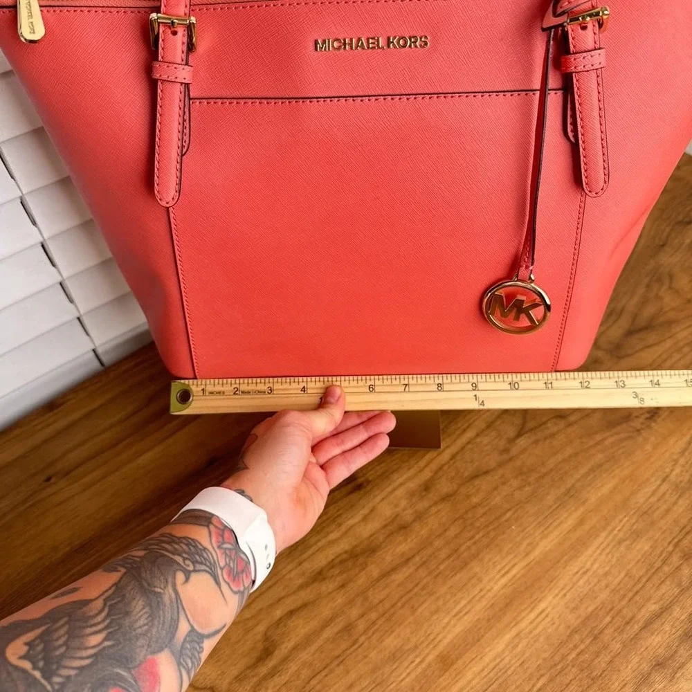 Michael Kors Ciara Large East West Top Zip Tote Saffiano Leather Coral Pink